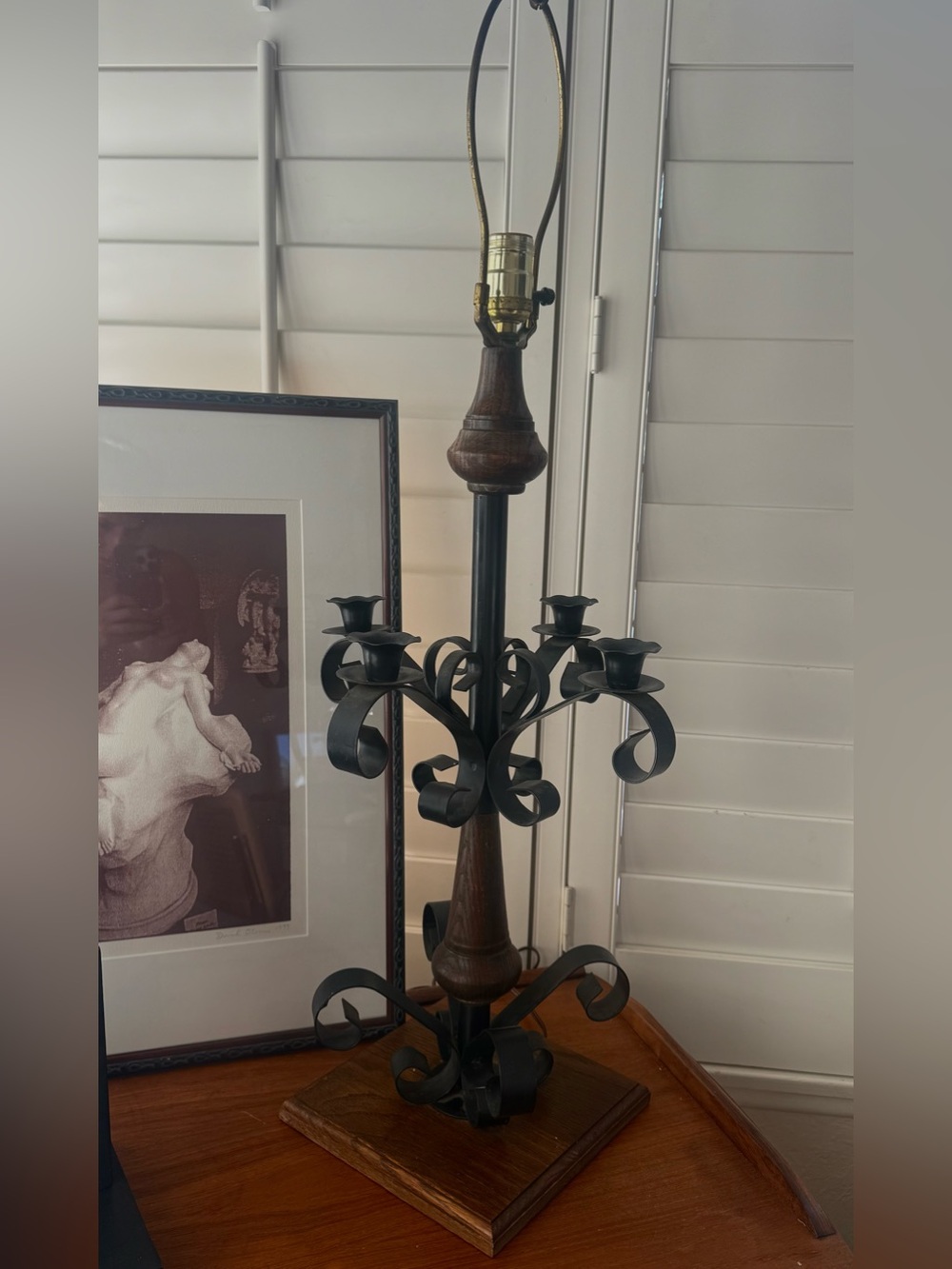 Vintage Spanish Revival Wood and Black Metal Scrollwork Candle Lamp - Black